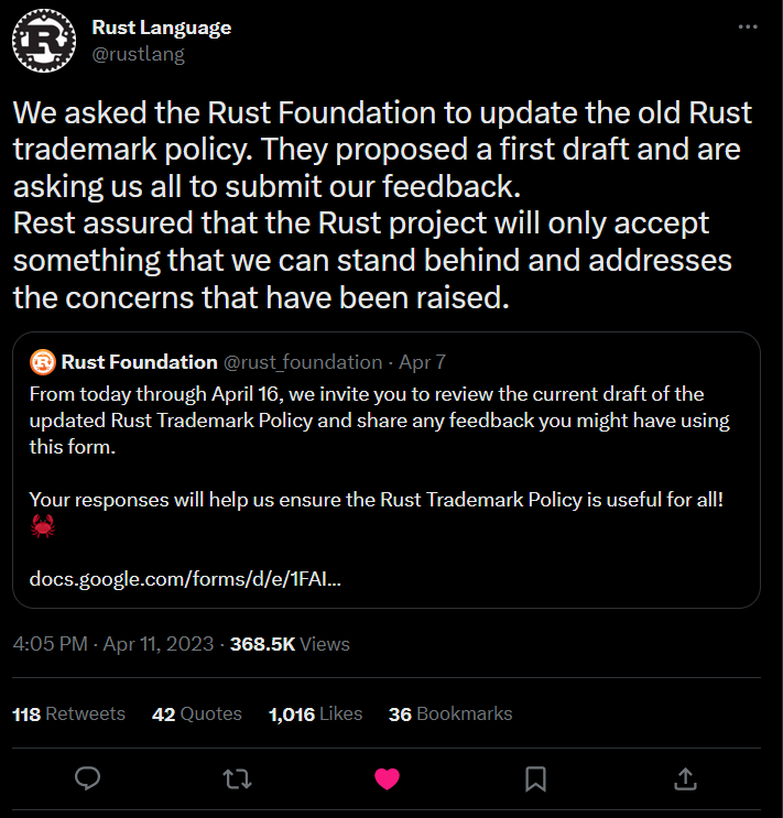 The @rustlang Twitter seemed receptive to the feedback